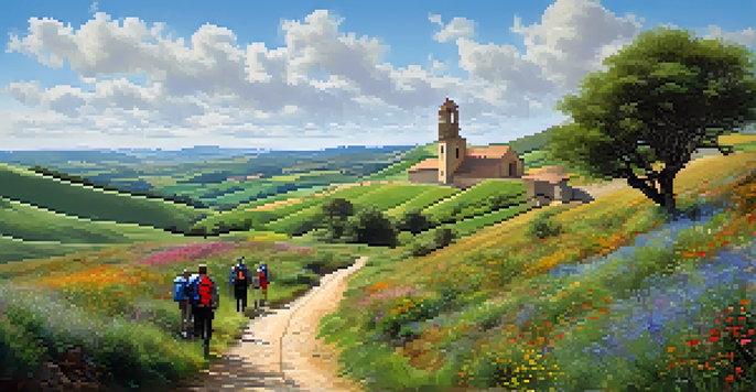 A scenic view of the Camino de Santiago with a winding path, colorful wildflowers, and pilgrims walking together, with a church in the background.