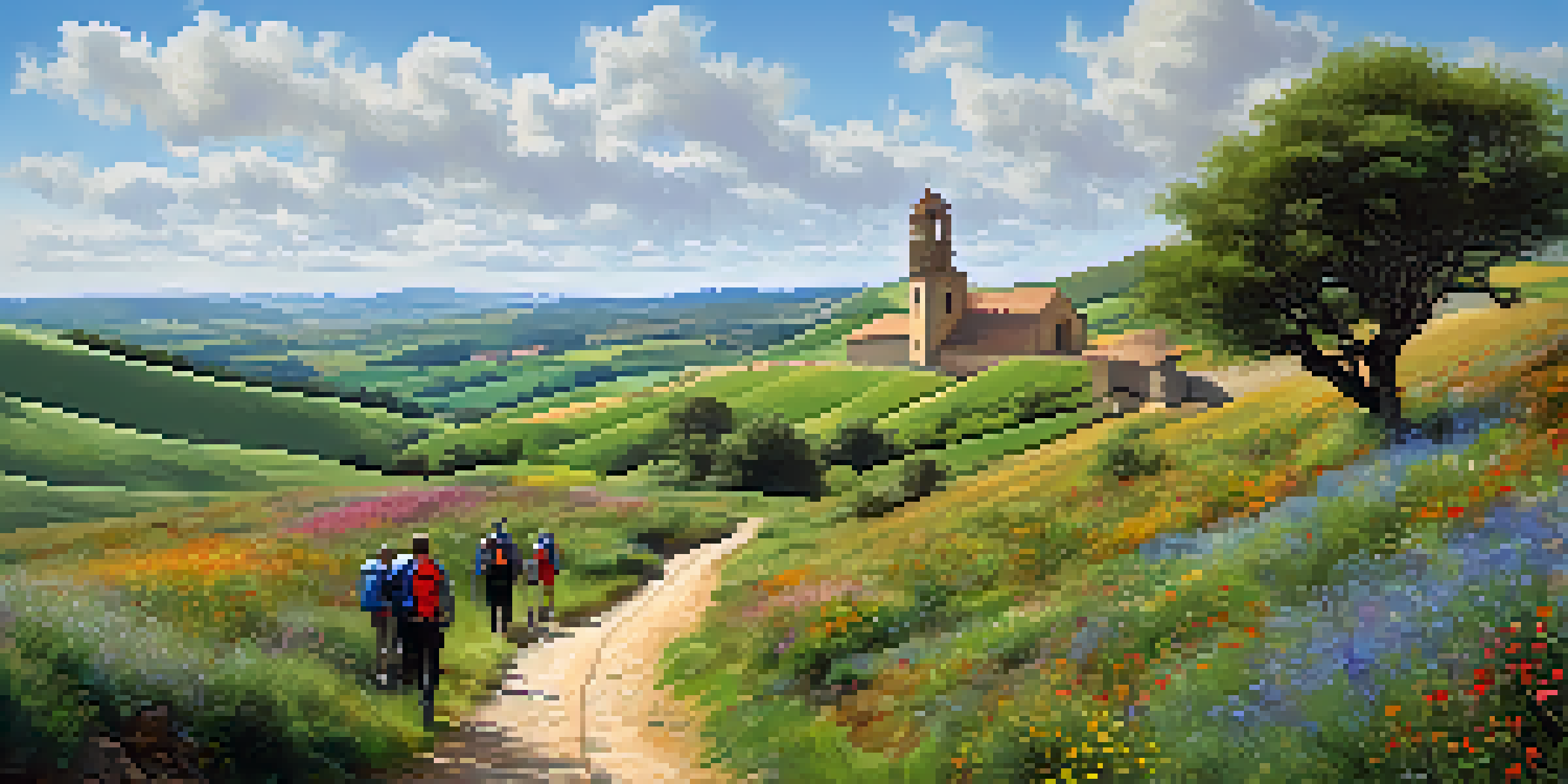 A scenic view of the Camino de Santiago with a winding path, colorful wildflowers, and pilgrims walking together, with a church in the background.
