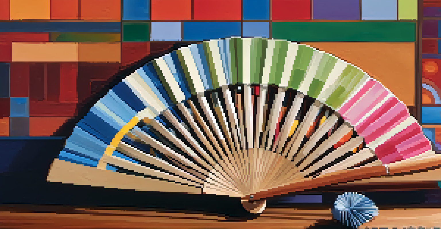 A close-up of a beautifully crafted flamenco fan on a wooden table with artistic tools around it.