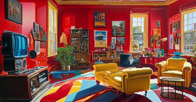 A colorful film set inspired by Almodóvar, with bright decor and a film crew setting up a camera.