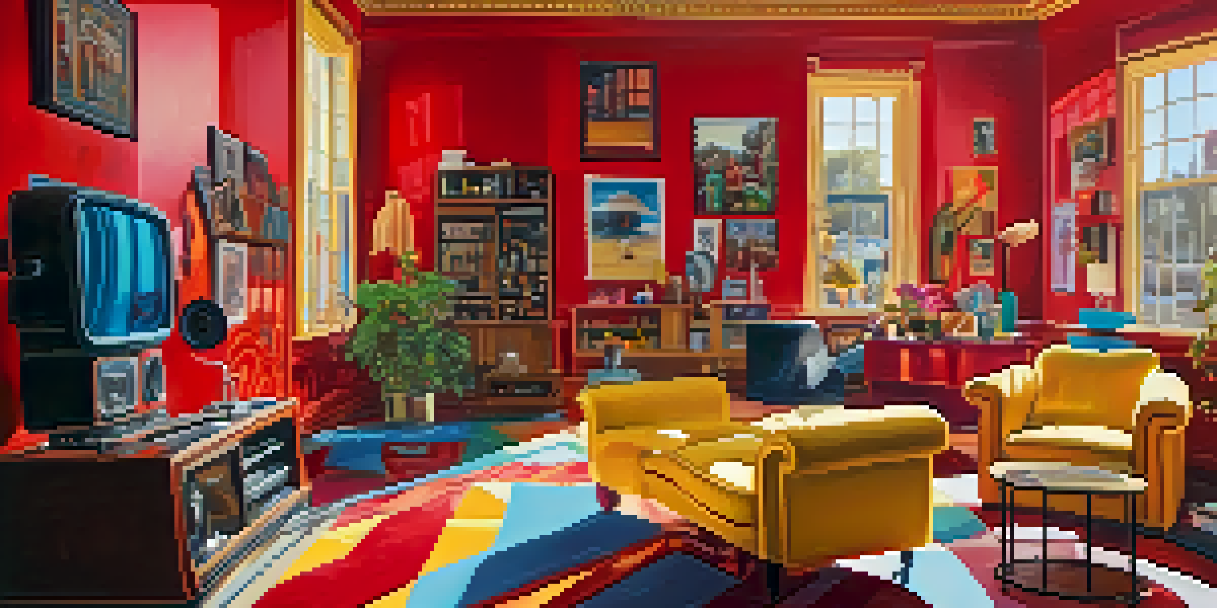 A colorful film set inspired by Almodóvar, with bright decor and a film crew setting up a camera.