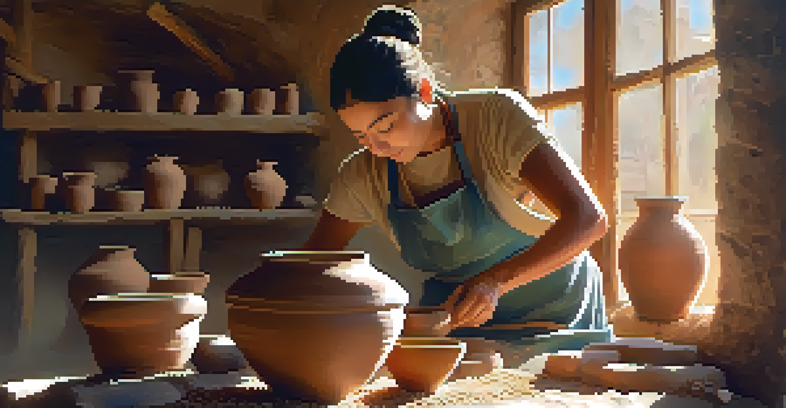 An artisan shaping traditional Spanish pottery on a potter's wheel in a sunlit workshop.