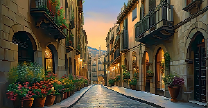 Narrow winding streets of the Gothic Quarter in Barcelona, with medieval buildings and flowers on balconies, illuminated by street lamps at twilight.