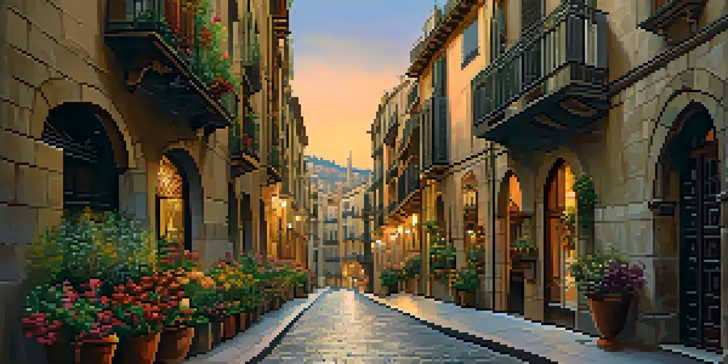Narrow winding streets of the Gothic Quarter in Barcelona, with medieval buildings and flowers on balconies, illuminated by street lamps at twilight.