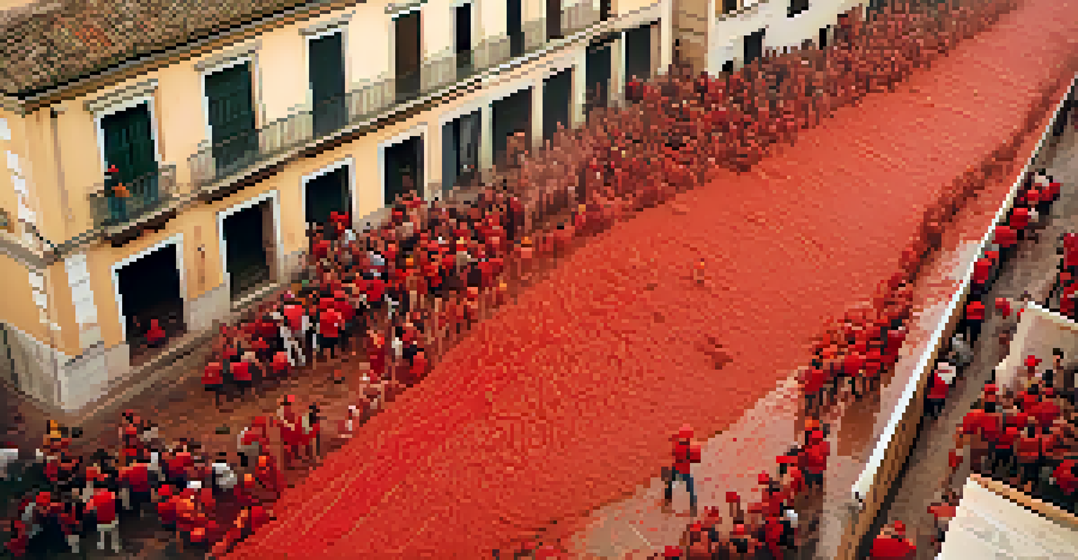 An aerial perspective of a street covered in tomatoes after a festival, with firemen cleaning and people helping.