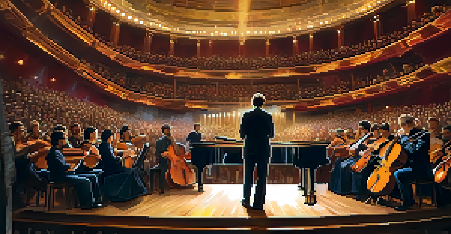 A concert hall filled with an audience watching musicians perform traditional Catalan music with vibrant lighting.