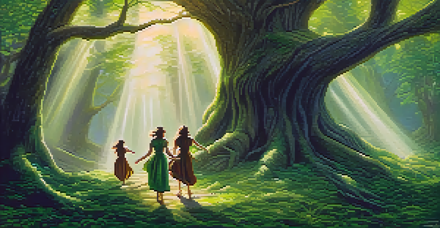 Three sisters in an enchanted forest using their unique abilities amidst ancient trees and mystical creatures, showcasing teamwork.