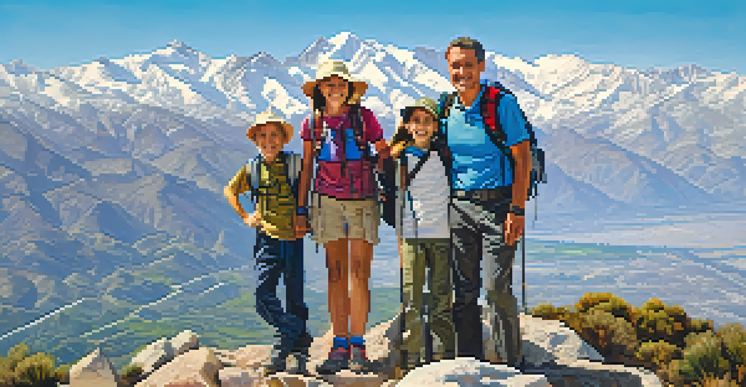 A family at a viewpoint in Sierra Nevada, overlooking the Alhambra and mountains, smiling for a photo.