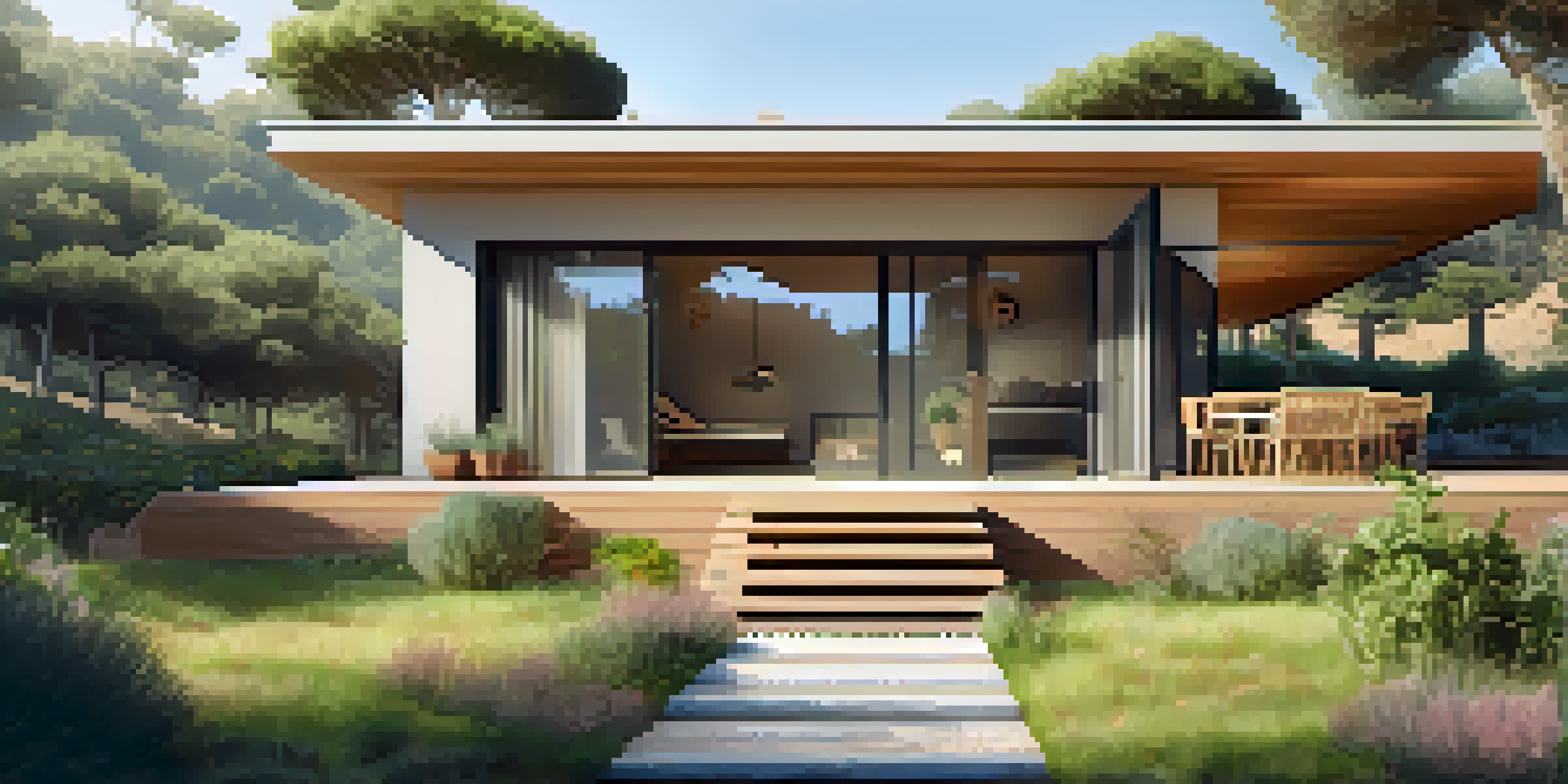 An eco-friendly hotel in Costa Brava surrounded by trees and flowers, with solar panels on the roof and morning light filtering through the foliage.