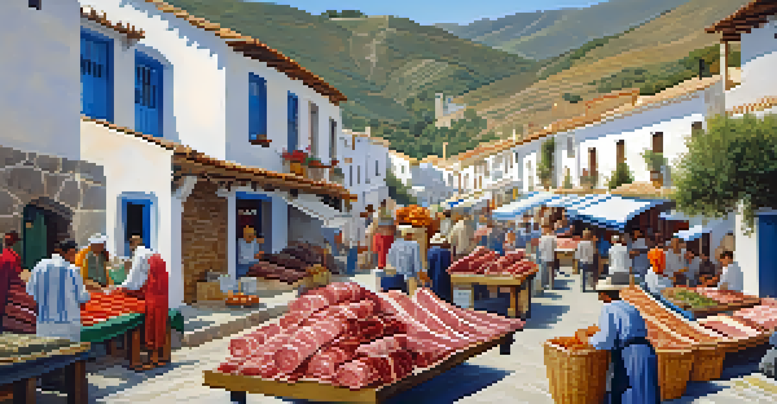 A market scene in the Alpujarras with artisans selling textiles and cured meats, surrounded by white-washed villages and beautiful landscapes.