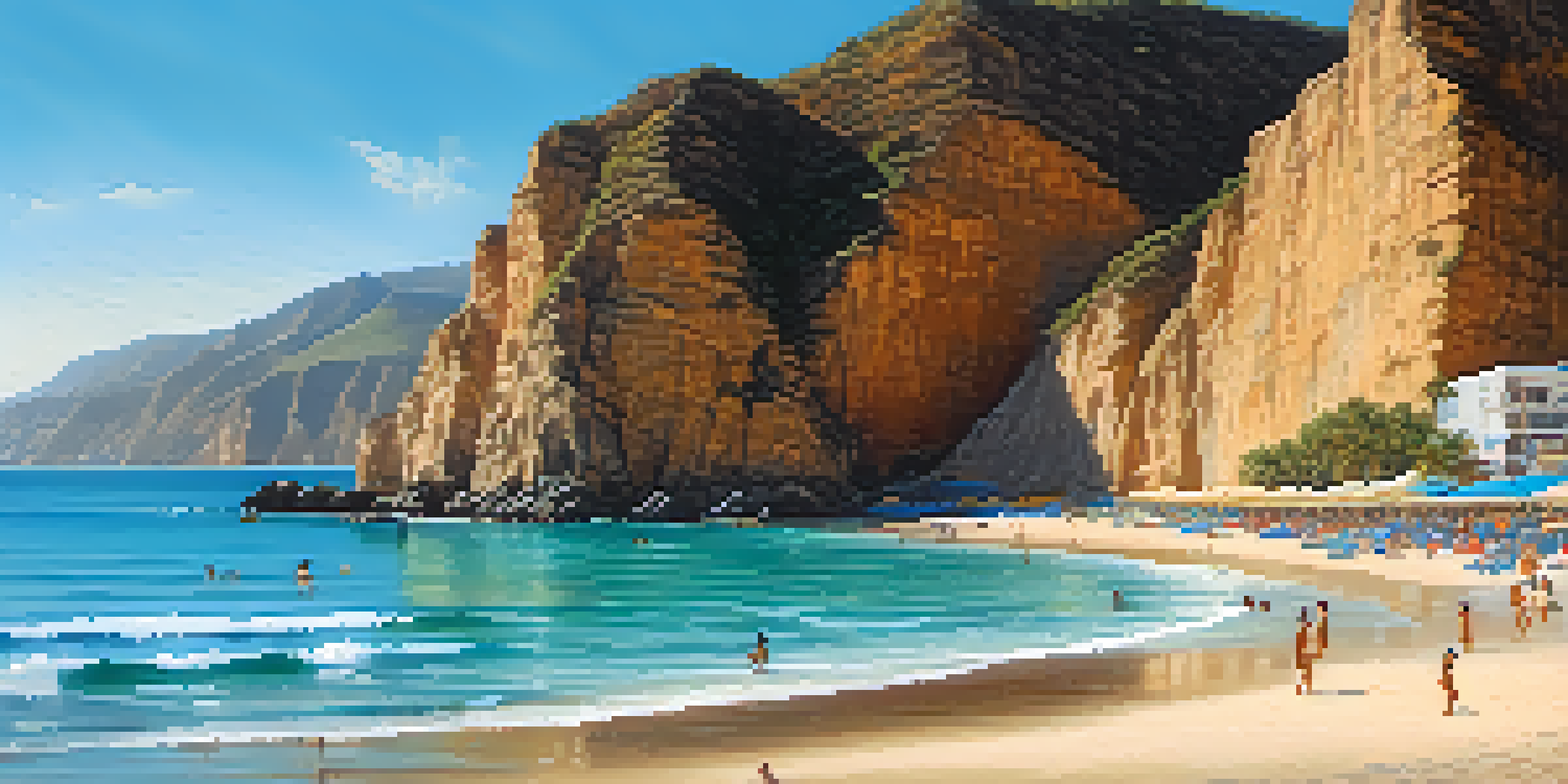 A scenic beach view of Playa de los Muertos with turquoise waters and golden sands, framed by towering cliffs under a blue sky.