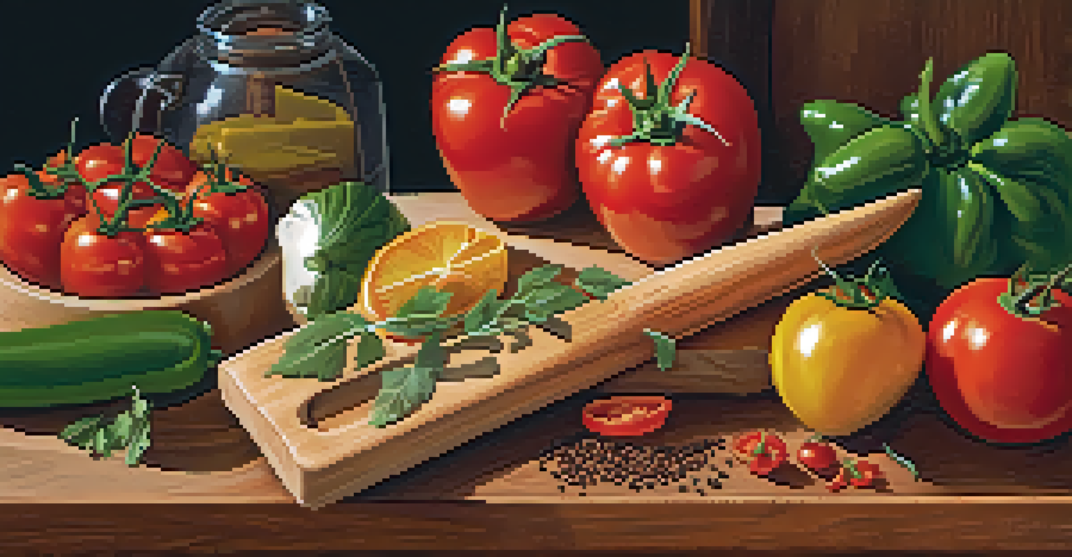 A beautifully arranged assortment of fresh ingredients for Spanish tapas on a rustic countertop, with soft lighting and a chef's knife.