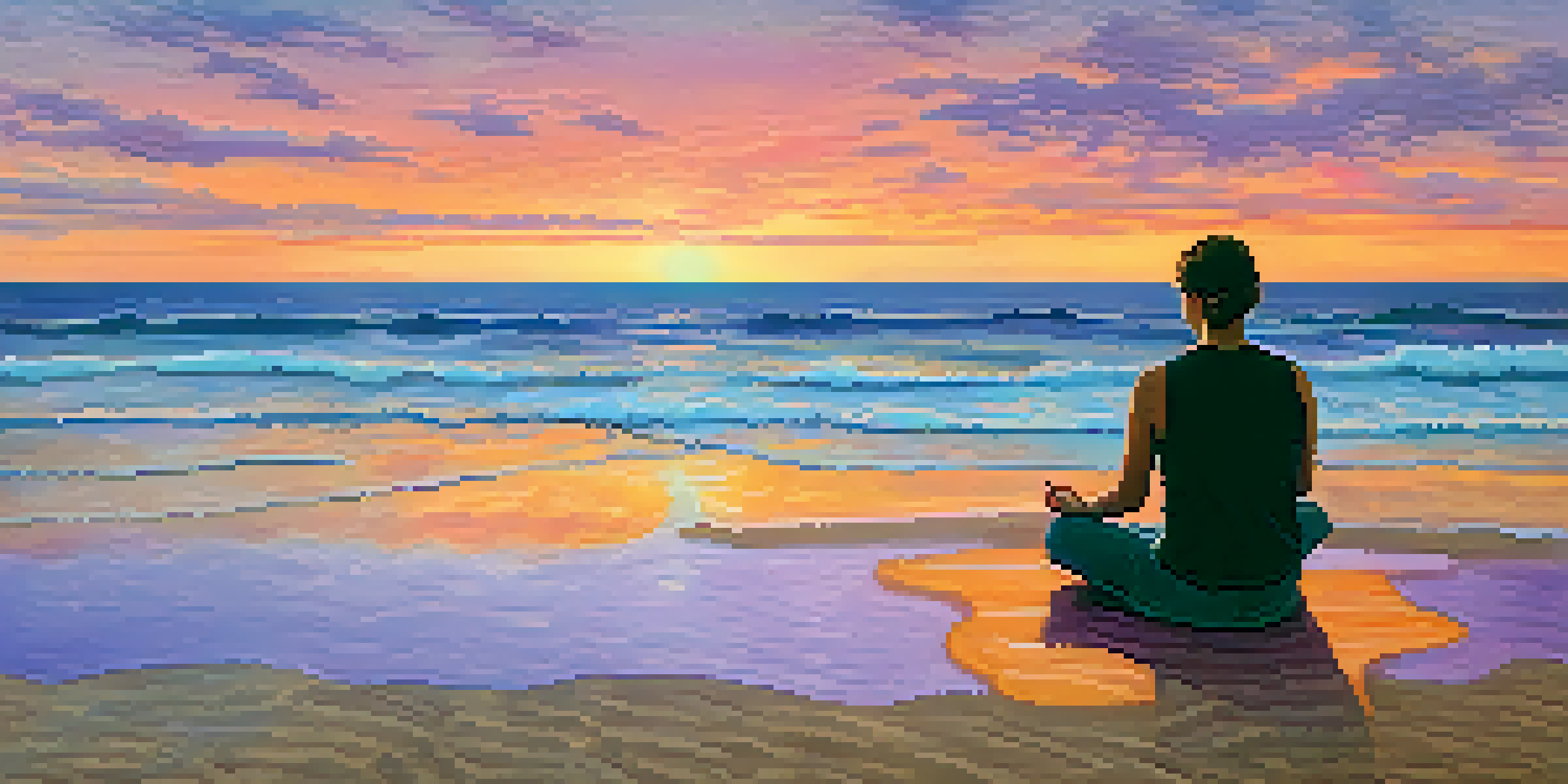 A person meditating on a beach at sunset, with colorful sky and gentle waves in Costa Brava.