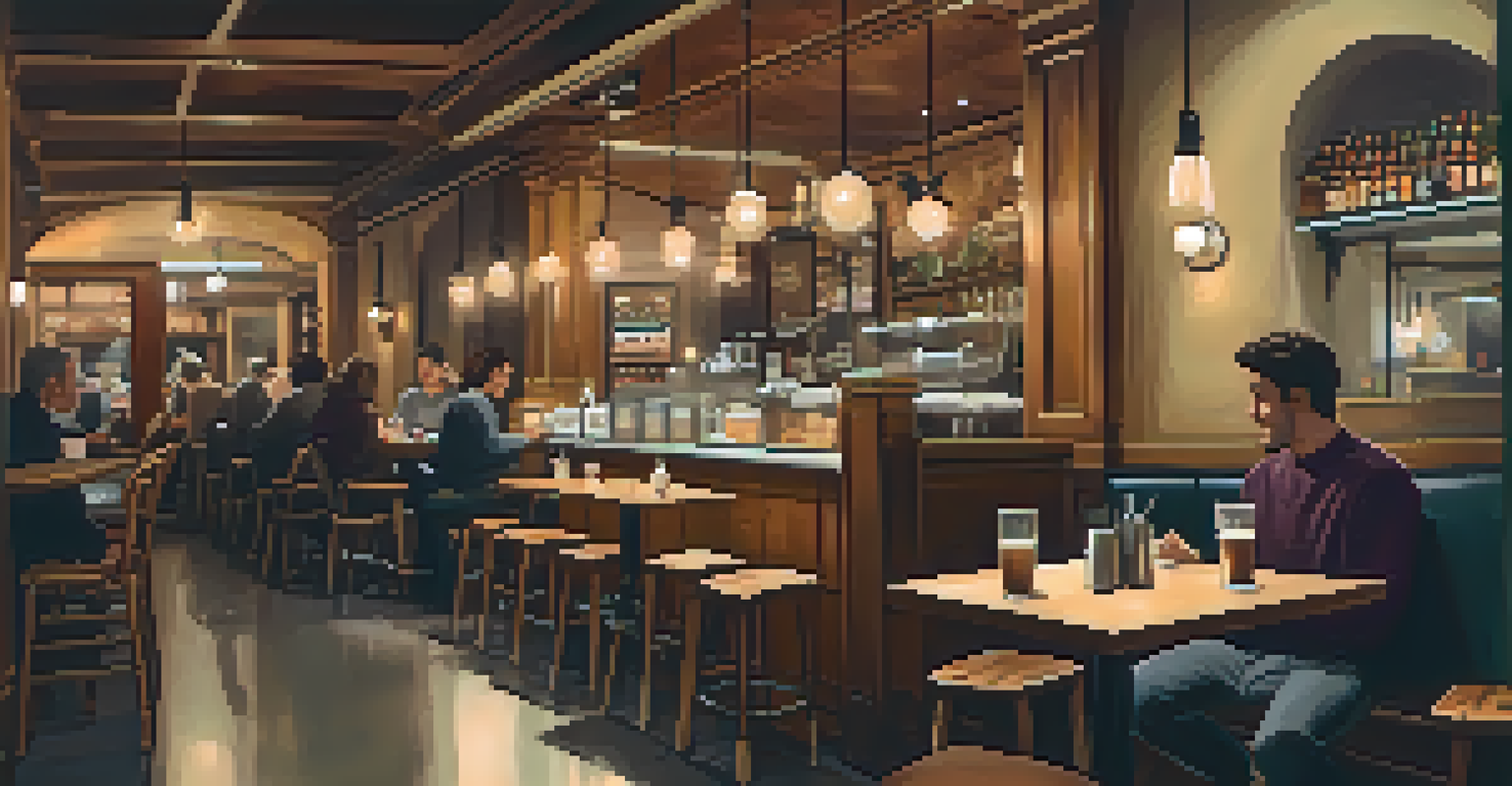 A warm and cozy late-night café in Bilbao with patrons enjoying drinks and pastries, surrounded by soft lighting and artistic decor, creating a welcoming atmosphere.