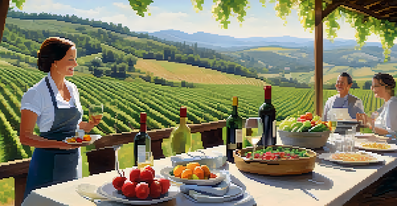 An outdoor vineyard cooking class with seasonal produce and wine, set against rolling hills and grapevines.