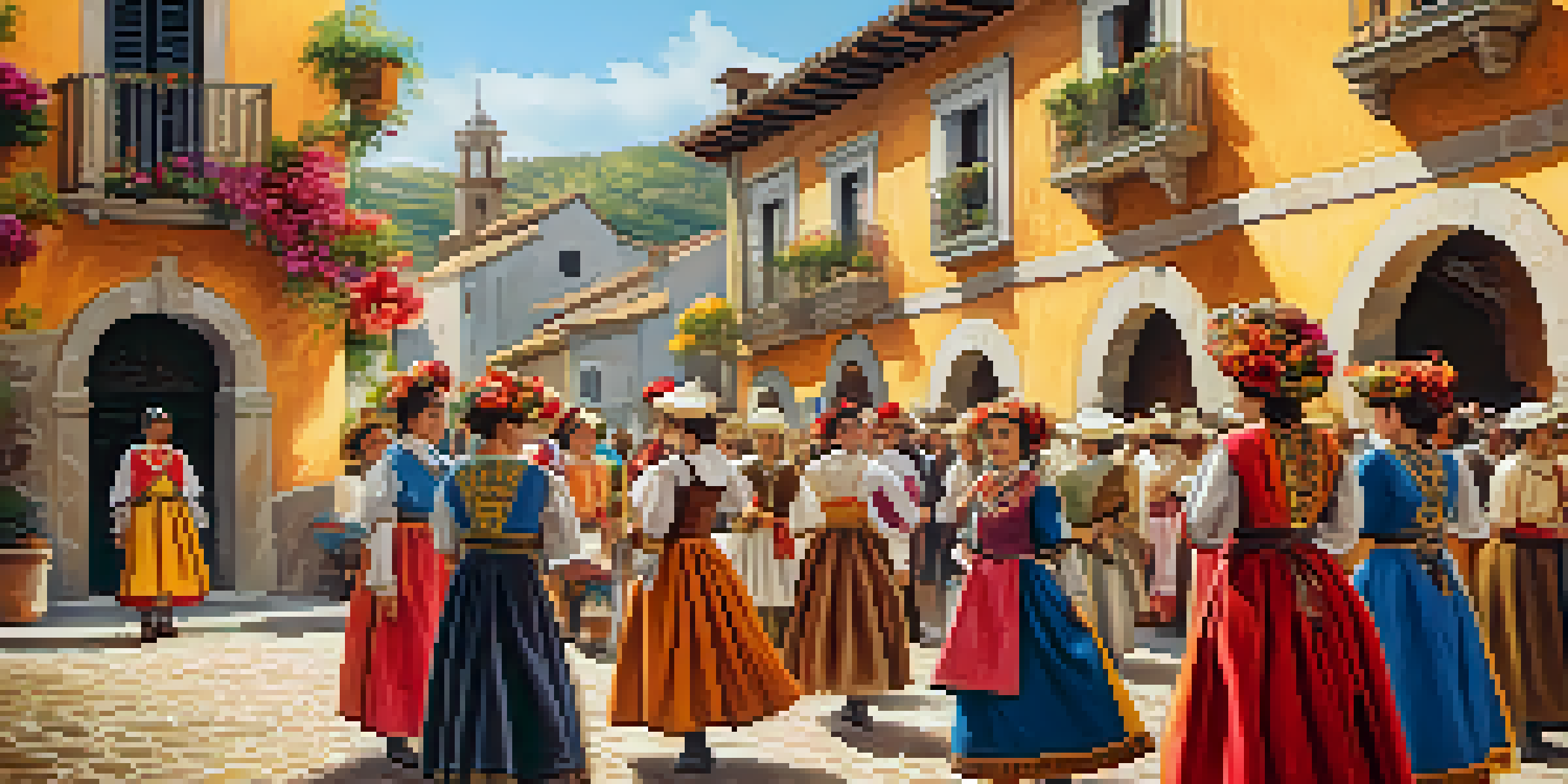 Participants in traditional Spanish costumes reenact history in a lively village setting, with artisans and spectators enjoying the event.
