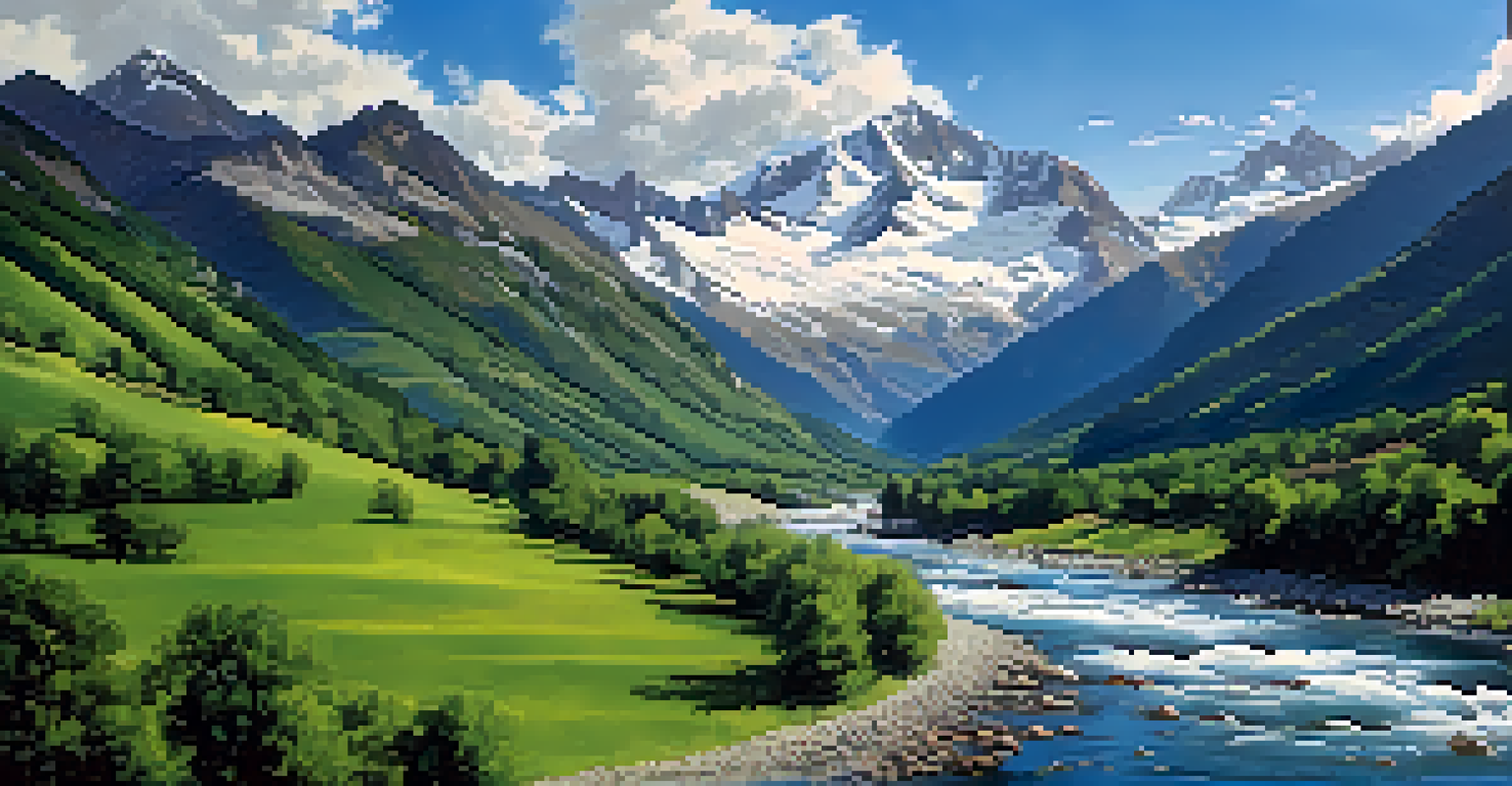 A breathtaking view from a train window showcasing the snow-capped Pyrenees mountains and lush valleys.