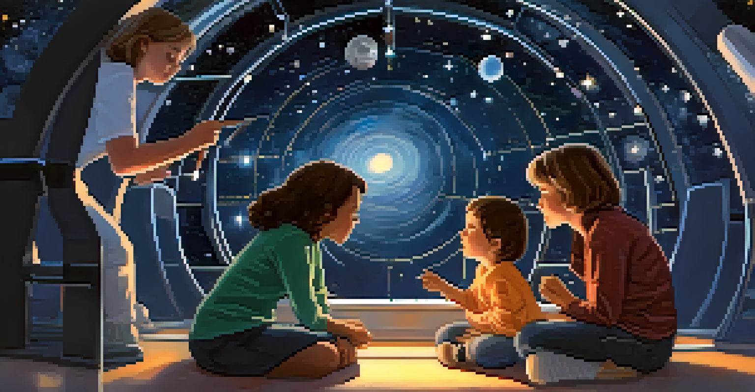 A family seated in a planetarium, pointing at a starry night sky projection.