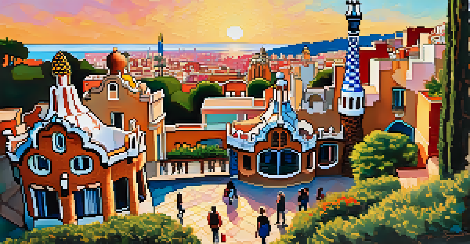 Park Güell in Barcelona during sunset, highlighting its colorful mosaics and lush greenery with visitors walking along the pathways.