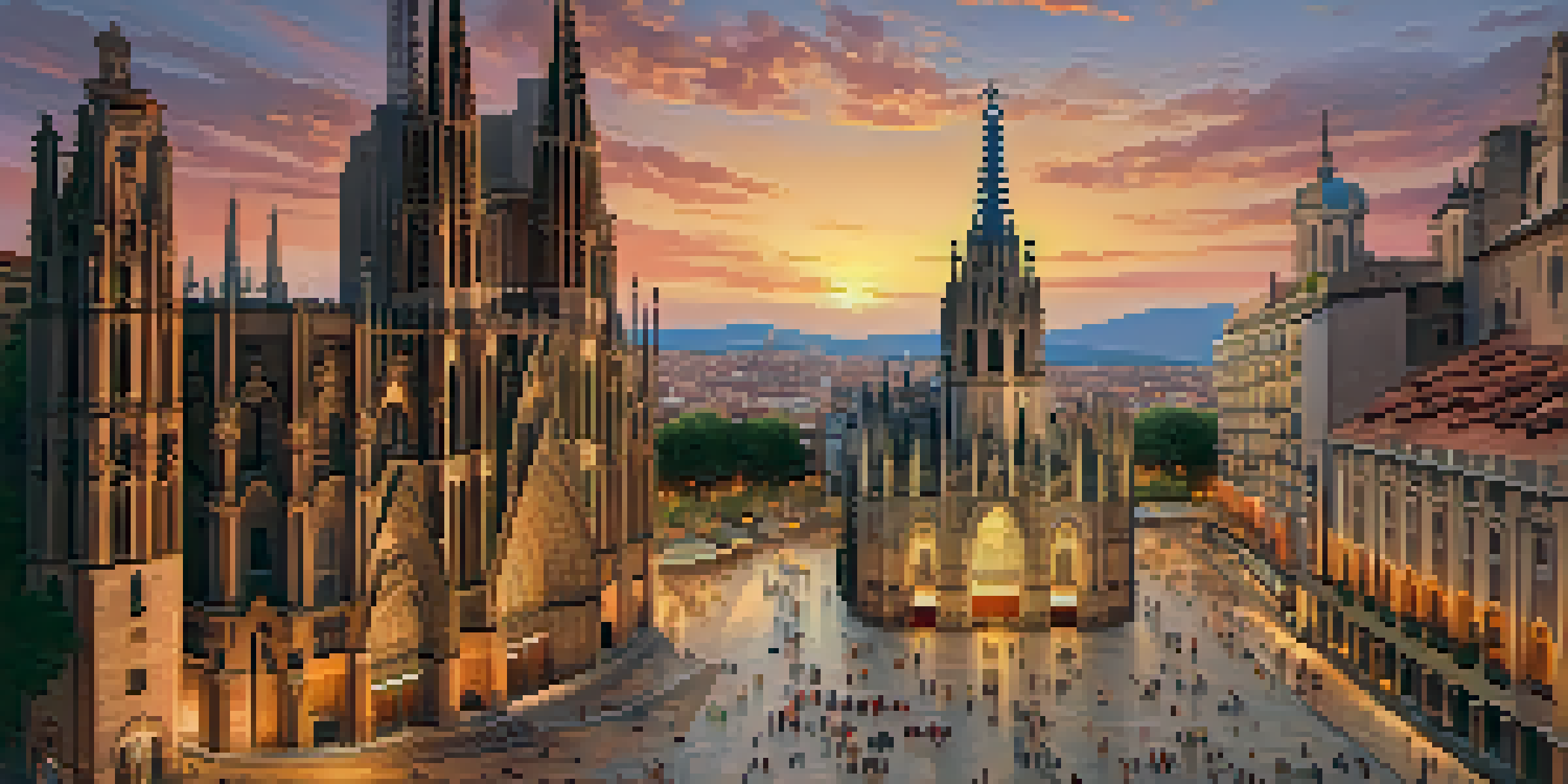 A panoramic view of the Cathedral of Barcelona with Gothic spires at sunset, featuring a busy plaza in the foreground.