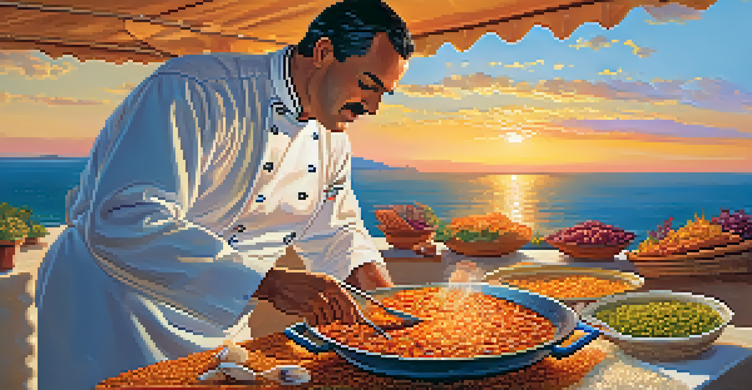 A chef preparing seafood paella outdoors with the Mediterranean Sea at sunset in the background.