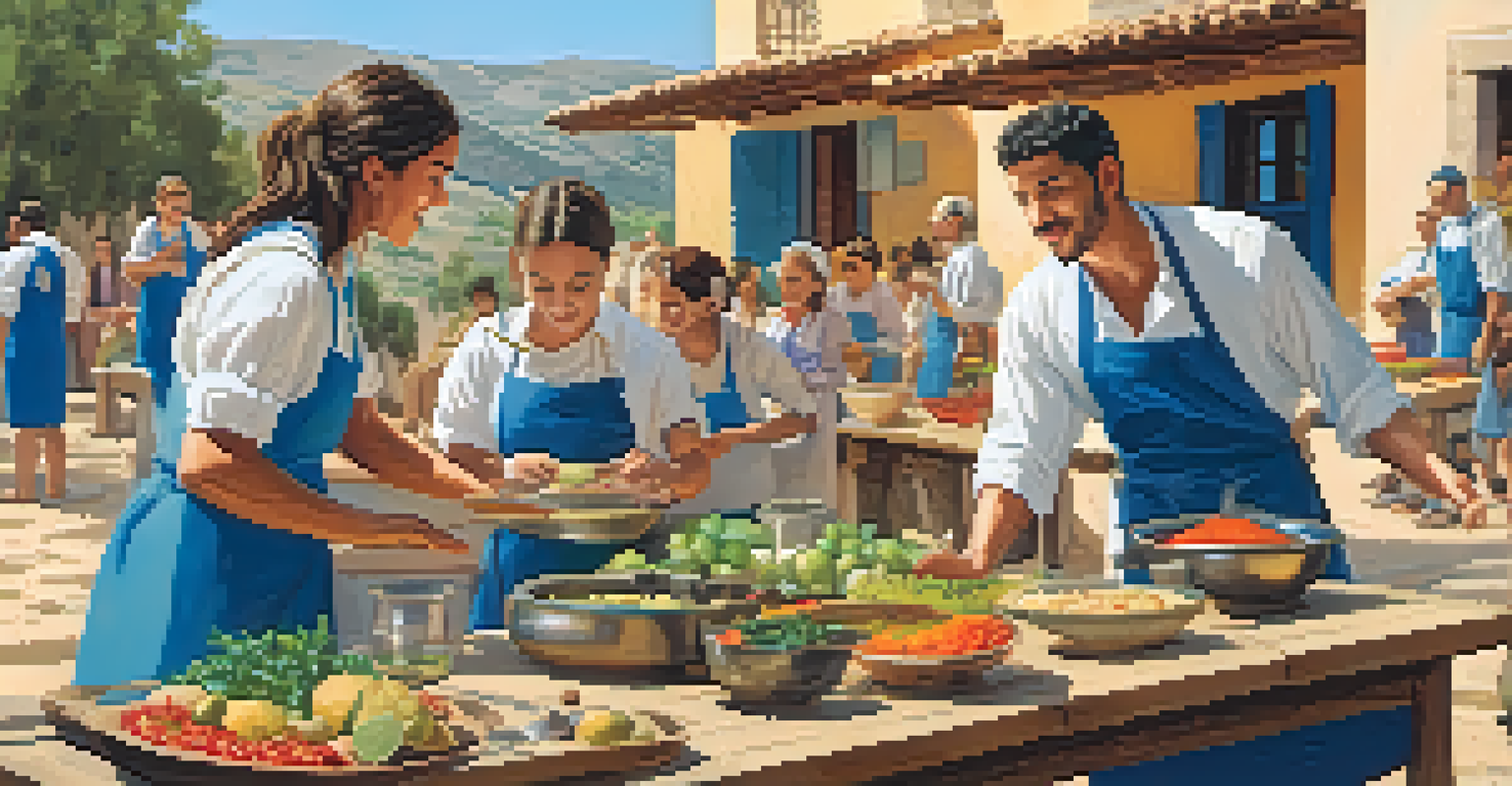 Students engaging in a cooking class outdoors in a Spanish-speaking village, with colorful dishes and a local chef.