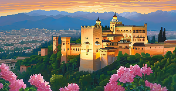 A scenic sunset view of the Alhambra palace surrounded by lush greenery and colorful flowers.