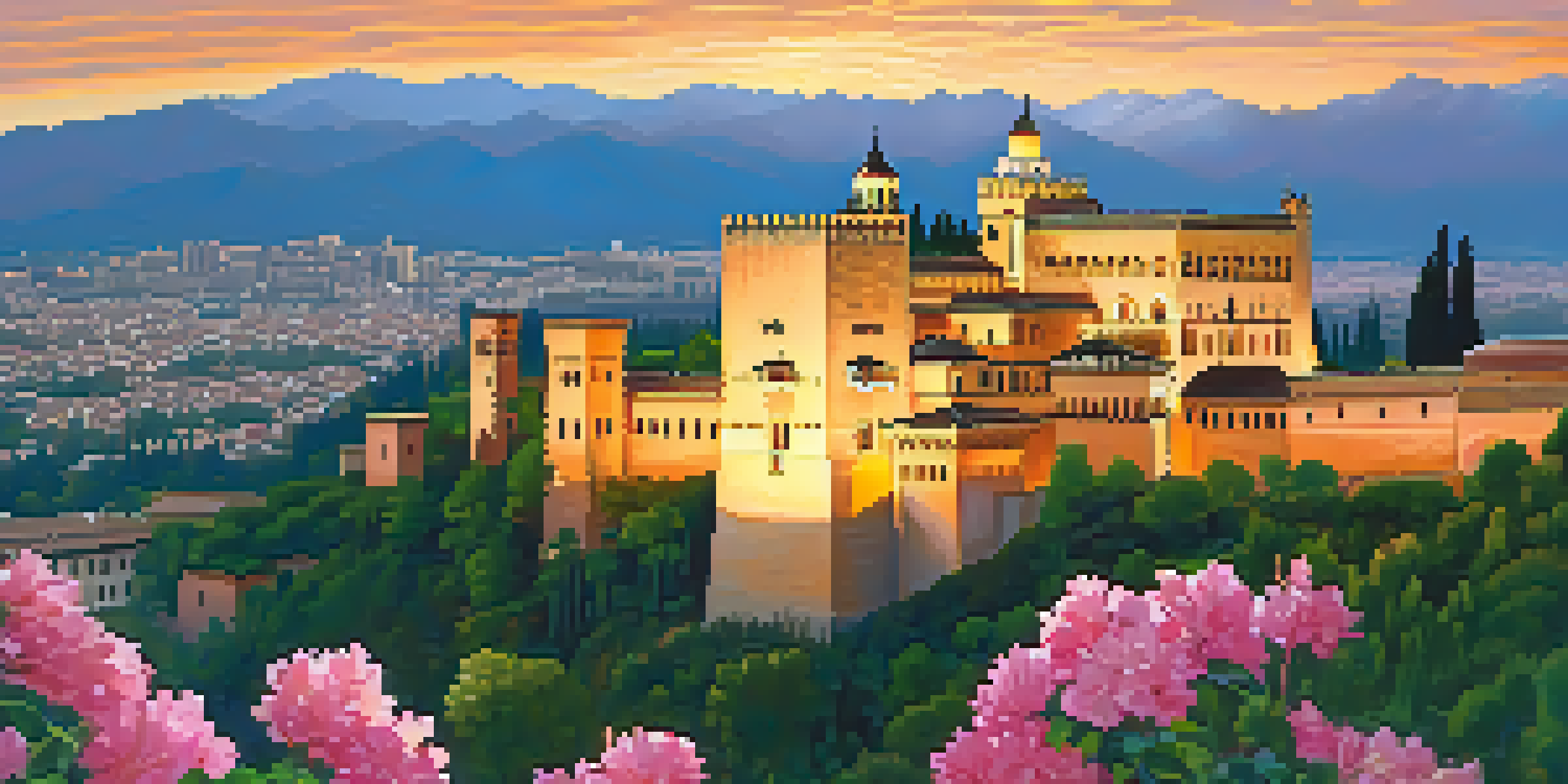 A scenic sunset view of the Alhambra palace surrounded by lush greenery and colorful flowers.