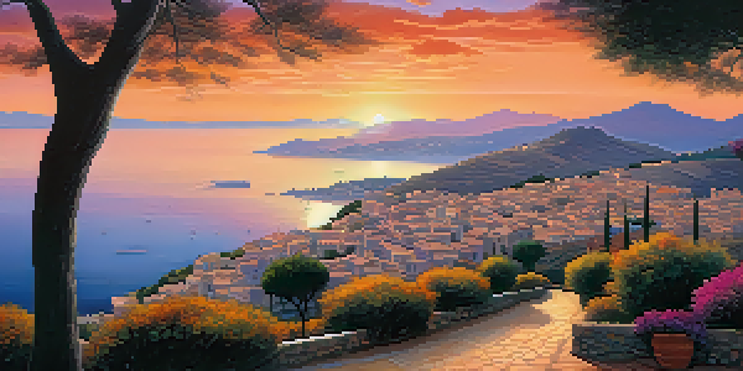 A vibrant sunset over the Mediterranean Sea with a silhouette of a Spanish village and olive trees in the foreground.