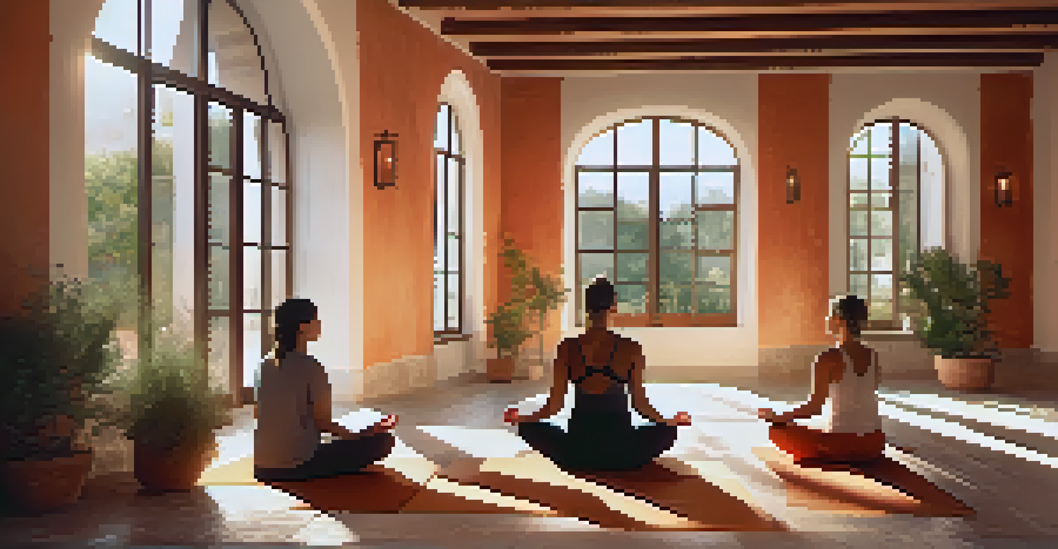 A cozy indoor yoga space in a rustic villa with natural light, candles, and a small group meditating on mats.