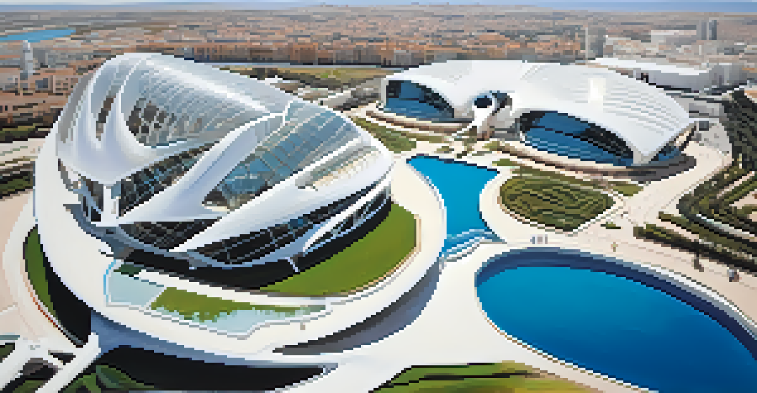 An aerial view of the futuristic City of Arts and Sciences in Valencia, showcasing its white structures reflecting in the water.