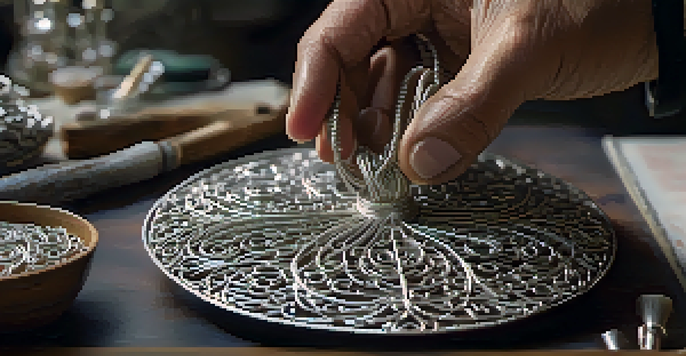 A close-up of an artisan's hands working with silver wire to create filigree jewelry in a well-lit workshop.