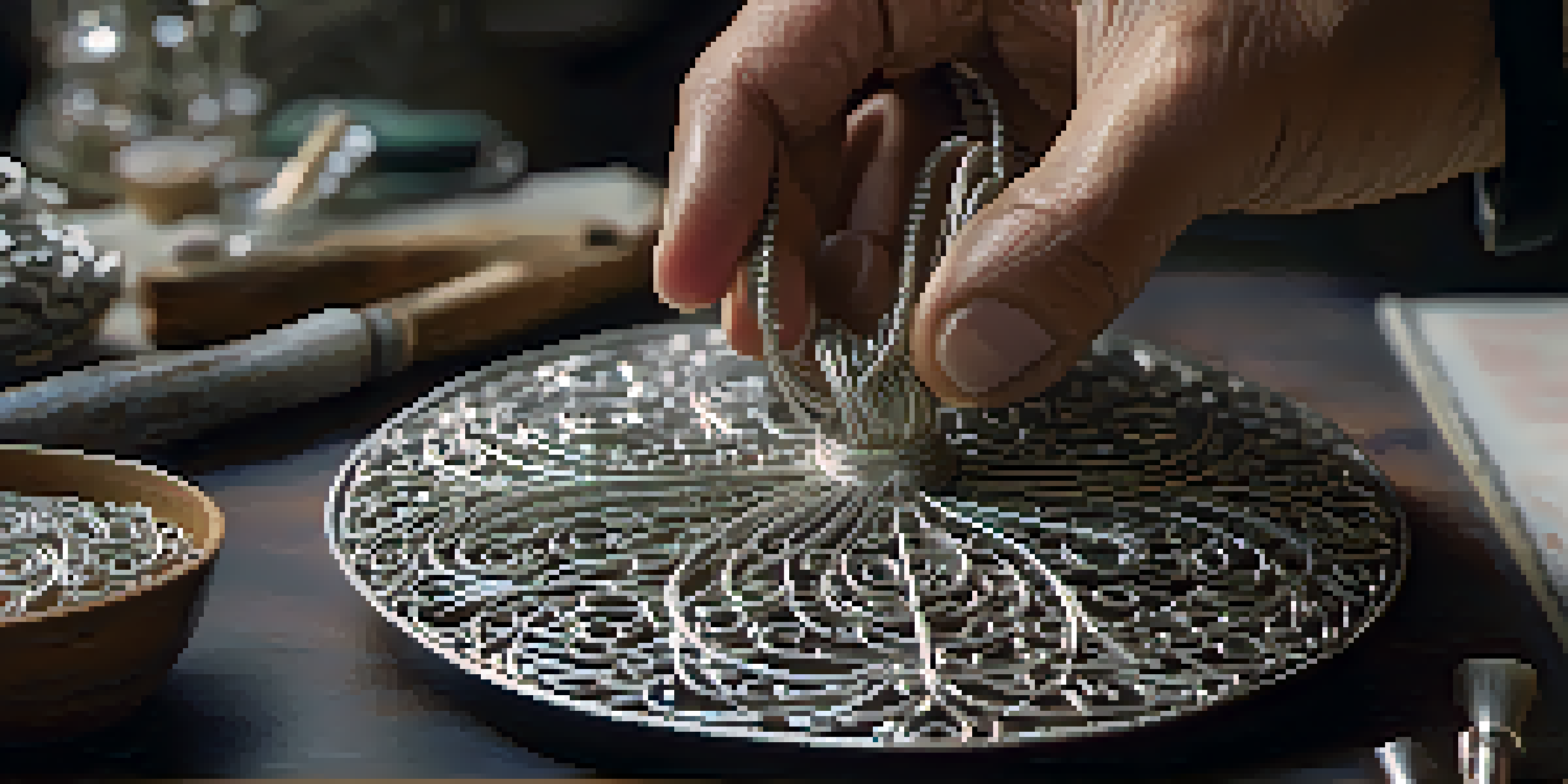 A close-up of an artisan's hands working with silver wire to create filigree jewelry in a well-lit workshop.