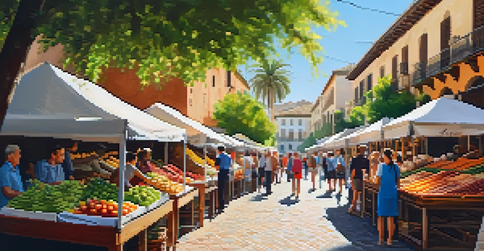A lively street market in Granada filled with colorful food stalls and people enjoying the local cuisine.