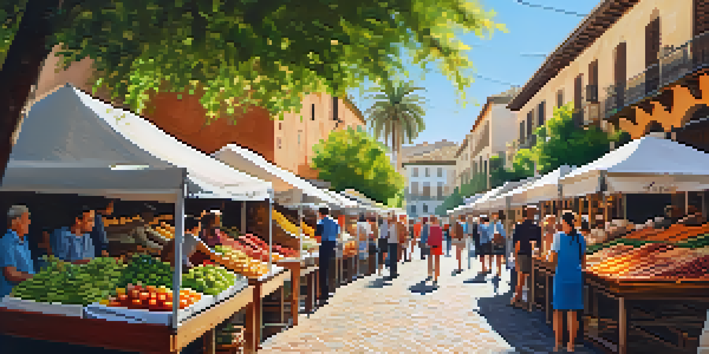 A lively street market in Granada filled with colorful food stalls and people enjoying the local cuisine.
