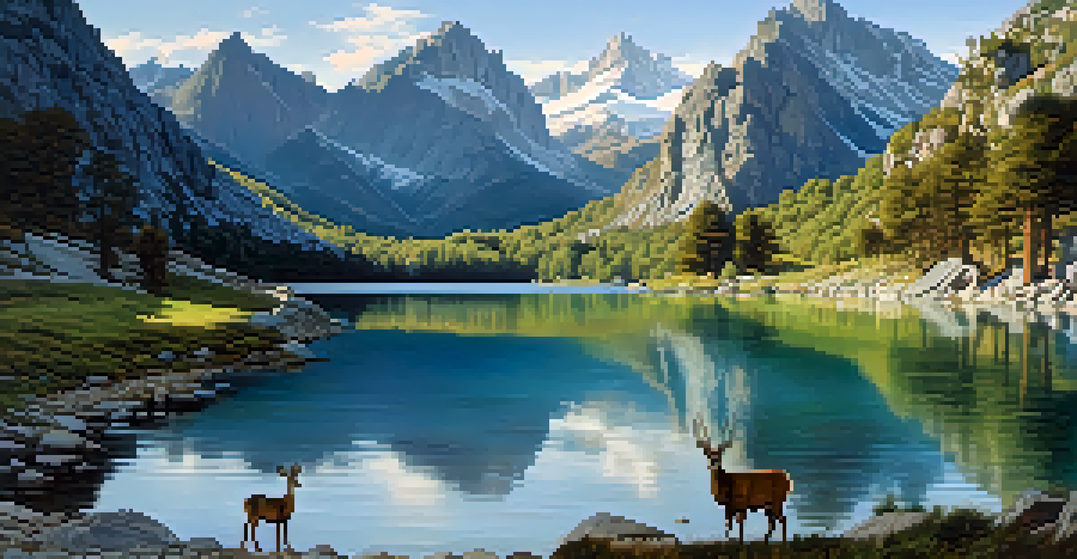 Tranquil glacial lake in Aigüestortes National Park with mountains and a deer by the shore.