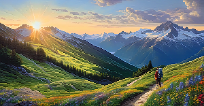 A scenic view of the Pyrenees mountains at sunrise with a hiker on a trail surrounded by wildflowers.