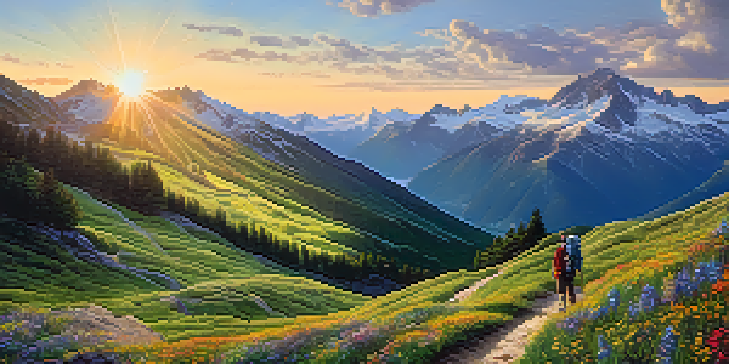A scenic view of the Pyrenees mountains at sunrise with a hiker on a trail surrounded by wildflowers.