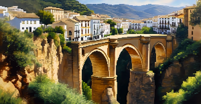 A scenic view of Ronda, Spain, highlighting the famous bridge over a gorge with white buildings and green trees under a sunset sky.