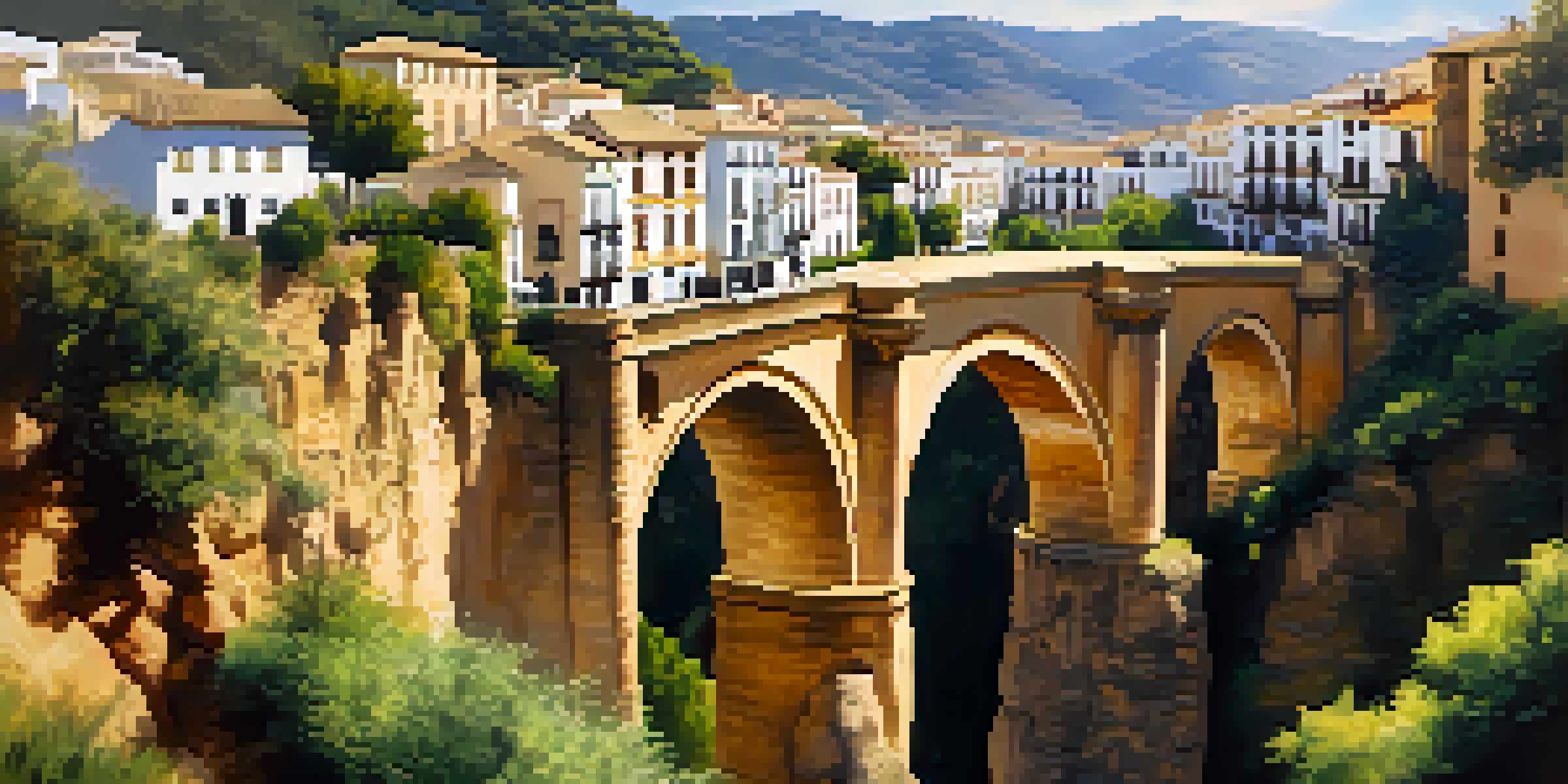 A scenic view of Ronda, Spain, highlighting the famous bridge over a gorge with white buildings and green trees under a sunset sky.