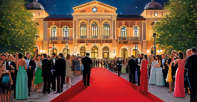 A glamorous red carpet event at the San Sebastián International Film Festival with photographers and elegantly dressed attendees against a beautiful Basque city backdrop.
