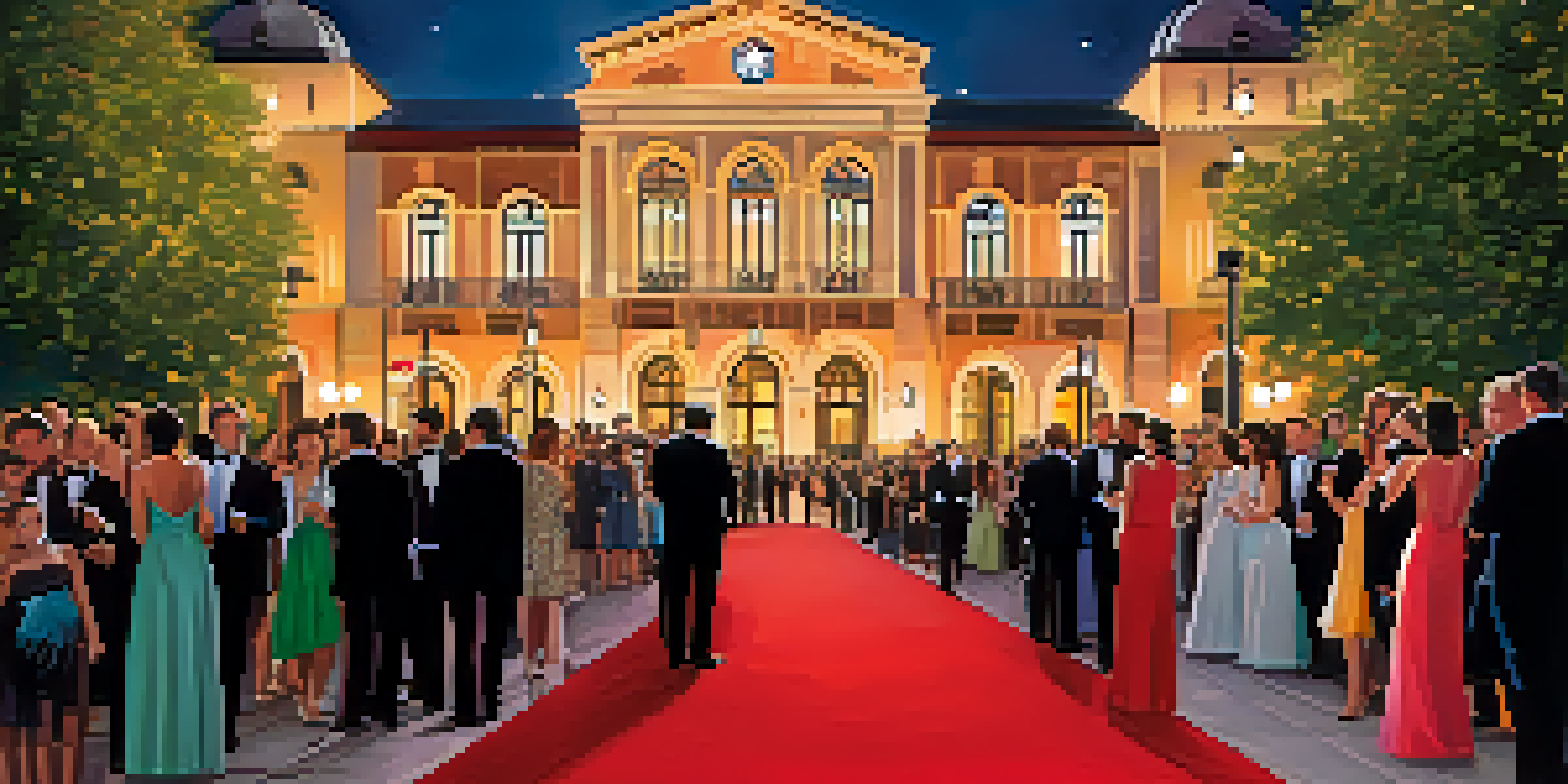 A glamorous red carpet event at the San Sebastián International Film Festival with photographers and elegantly dressed attendees against a beautiful Basque city backdrop.