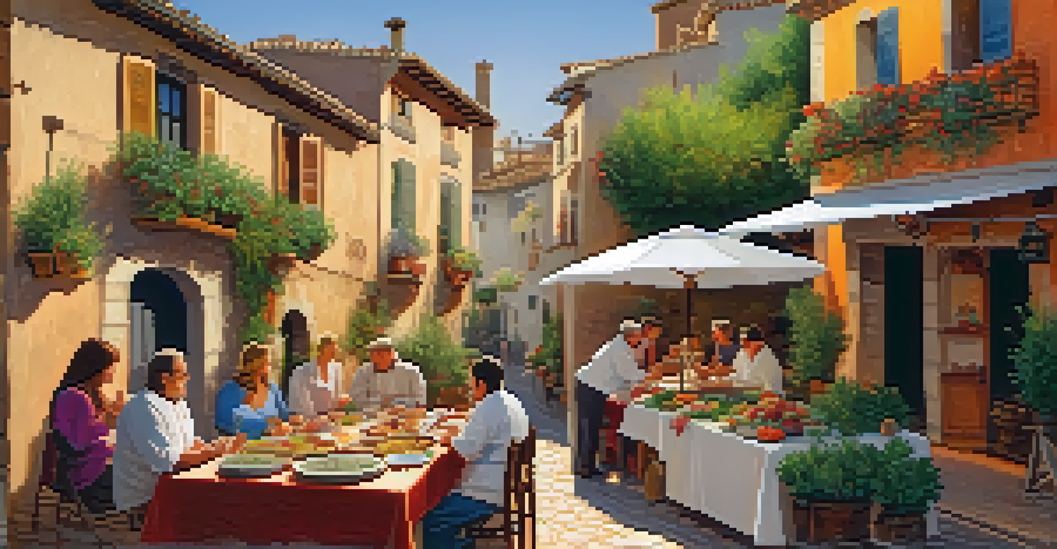 Tourists experiencing a culinary event with a local chef in a quaint Spanish village, surrounded by colorful ingredients and warm lighting.