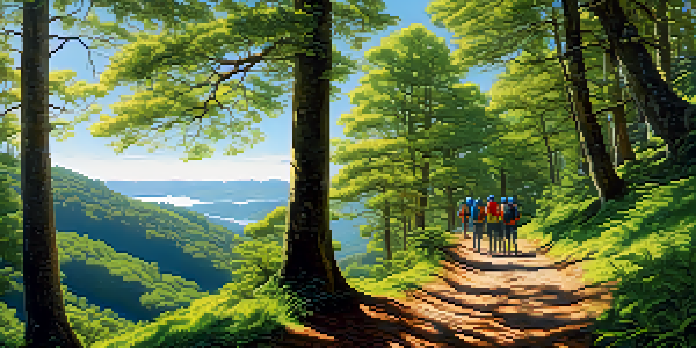 A group of travelers in a lush forest in Galicia, engaging in an eco-tour with sunlight filtering through the trees.