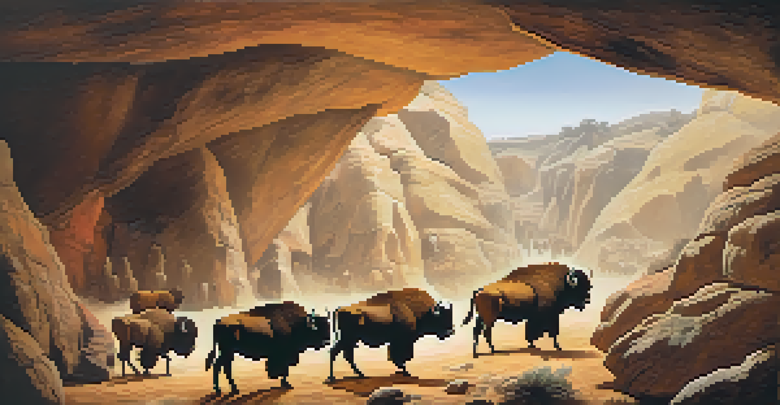 A view inside the Altamira Cave featuring prehistoric cave paintings of bison, illuminated by natural light.