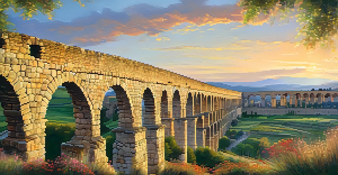 A sunset view of the Roman aqueduct in Segovia, surrounded by wildflowers and rolling hills.
