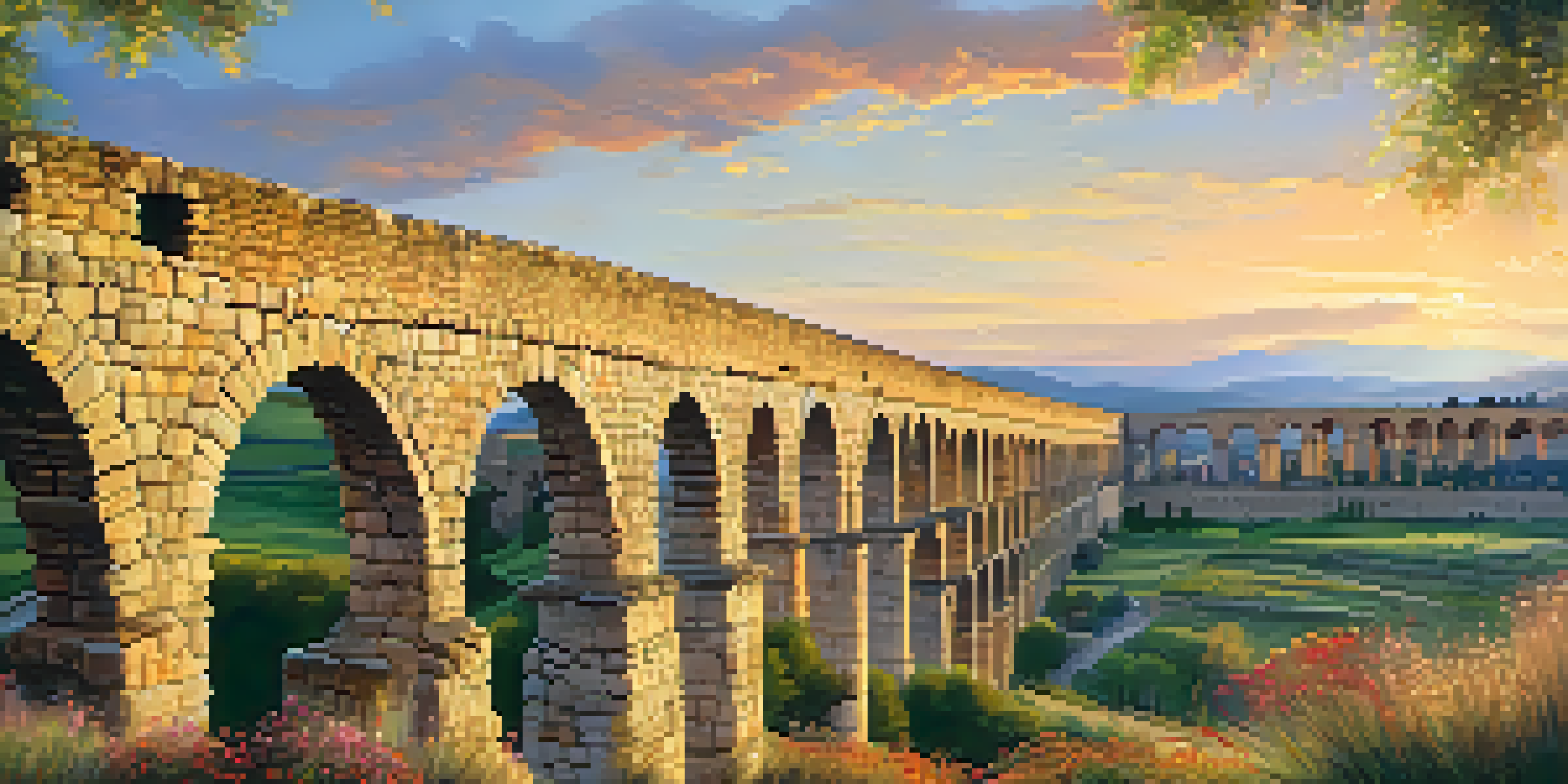 A sunset view of the Roman aqueduct in Segovia, surrounded by wildflowers and rolling hills.