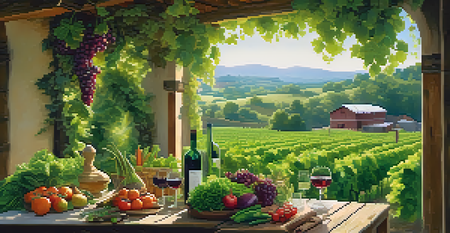 A chef and a traveler collecting fresh herbs in a vineyard, preparing for a farm-to-table meal.