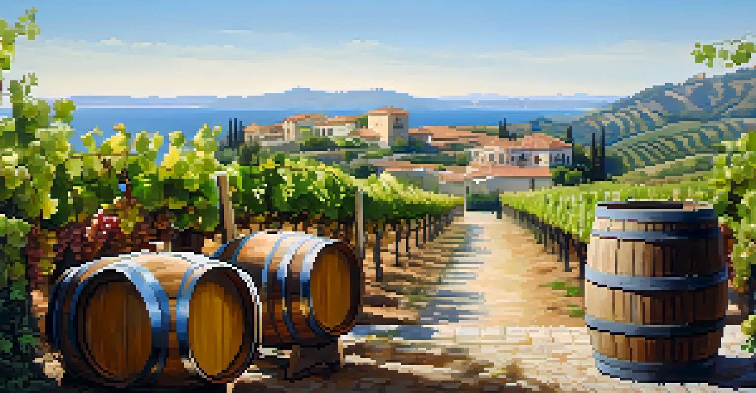 A scenic vineyard with rows of grapevines and a rustic wine barrel, set against a clear blue sky.