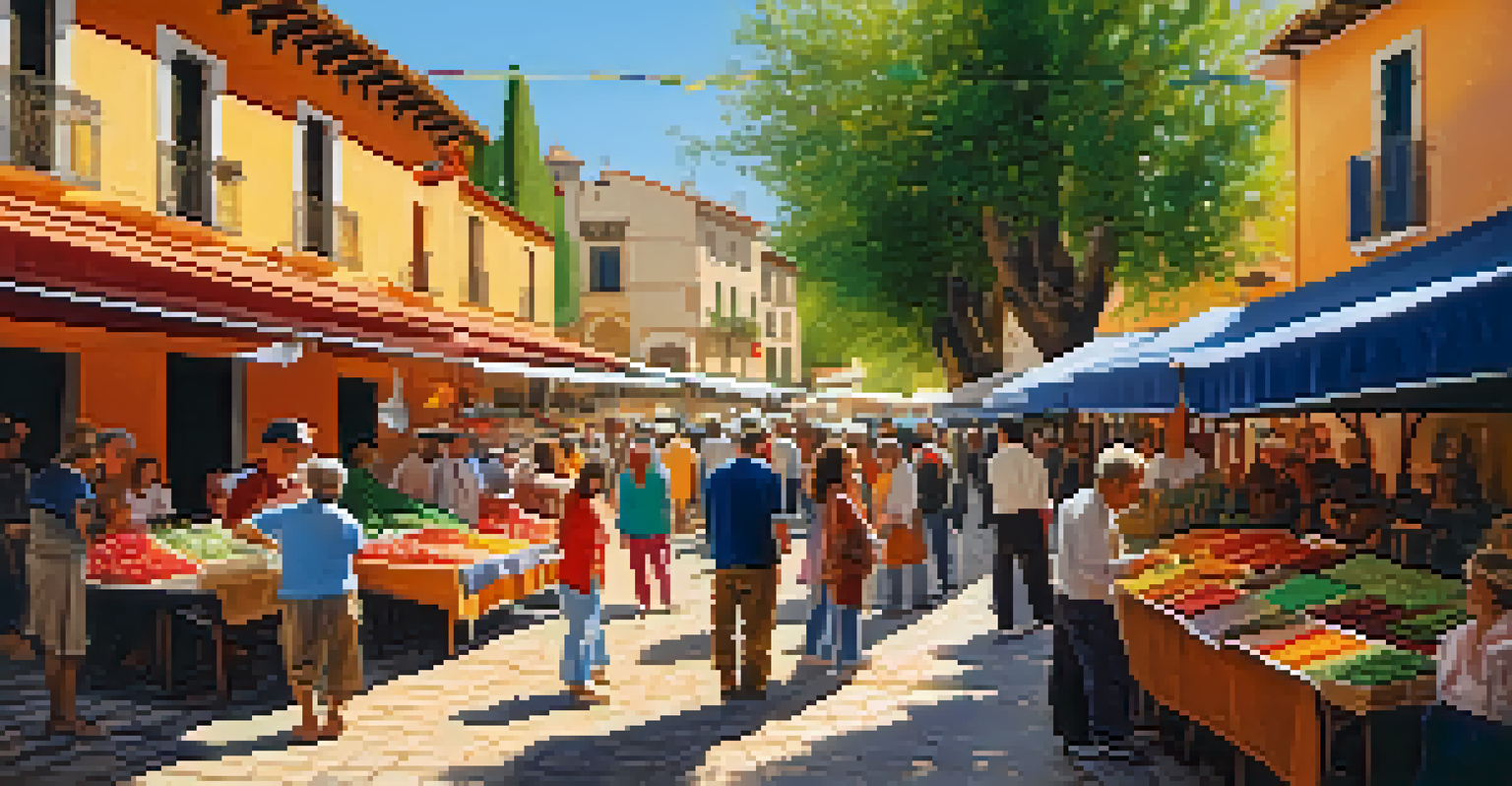 A lively market in a Spanish town with local artisans, colorful stalls, and visitors engaging with sellers.